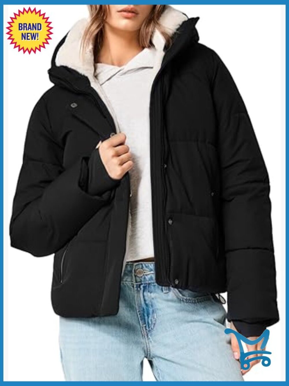 Women's Cropped Puffer Jacket Winter Coat with Removable Hood